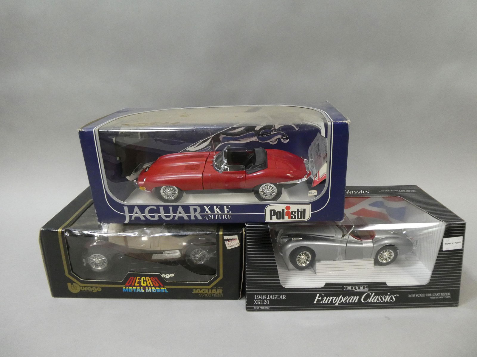 Lot 3 NOS Jaguar Die Cast Models Burago SS100 Ertl XK120 & Polistil XKE (1 of 7)