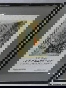 1970 Pablo Picasso Barcelona Spain Exhibition Poster: 1970 Pablo Picasso Barcelona Spain Exhibition Poster framed under glass. Measurements in inches: 35 x 27, image: 17 1/2 x 25 Condition:Frame shows some wear Shipping:We offer in-house shipping. Item(s