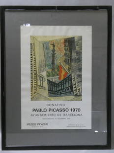 1970 Pablo Picasso Barcelona Spain Exhibition Poster: 1970 Pablo Picasso Barcelona Spain Exhibition Poster framed under glass. Measurements in inches: 35 x 27, image: 17 1/2 x 25 Condition:Frame shows some wear Shipping:We offer in-house shipping. Item(s