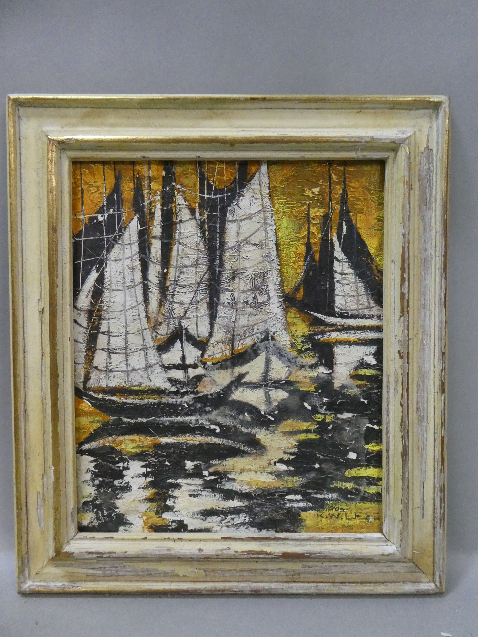 Mid-Century Signed KW LEE Abstract Sailboats Small Oil Painting (1 of 9)