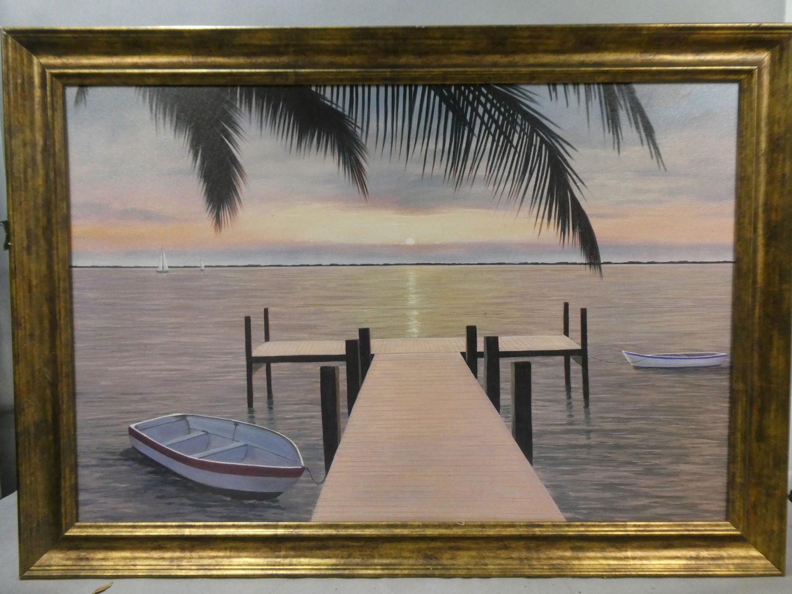 Large Unsigned Sunrise Over Tropical Pier on Lake Oil Painting (1 of 9)