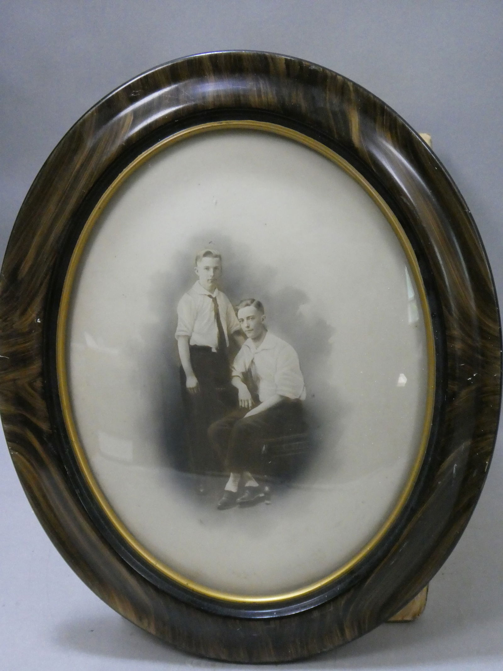 Antique Bubble Glass Hand Tinted Photo of Two Boys in Oval Frame (1 of 8)