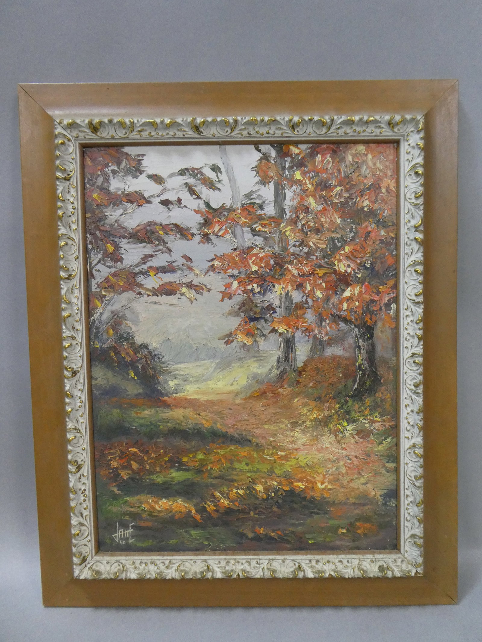 1960 Mid-century Signed Jane Fall Landscape Oil Painting: 1960 Mid-century Signed Jane Fall Landscape Oil Painting on board in frame. Signed and dated lower left. Measurements in inches: 17 x 20 1/2, image: 11 1/2 x 15 1/2 Condition:Good with no problems Shi