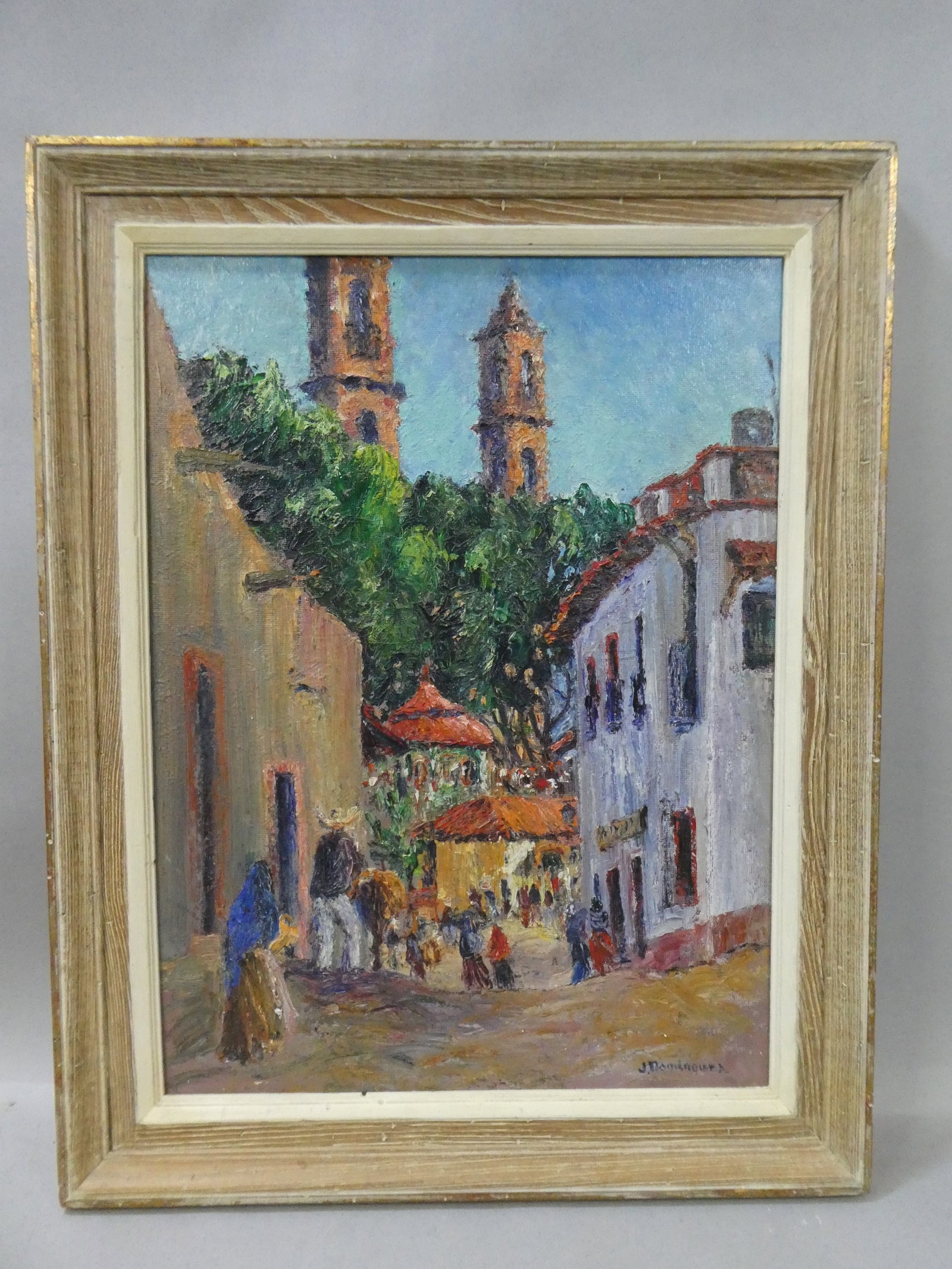 J Dominquez Latin America Street Scene Impressionist Oil Painting: J Dominquez Latin America Street Scene Impressionist Oil Painting on board in frame. Signed lower right. Have partial other painting on reverse. Measurements in inches: 22 1/2 x 28 1/2, image: 17 x 23
