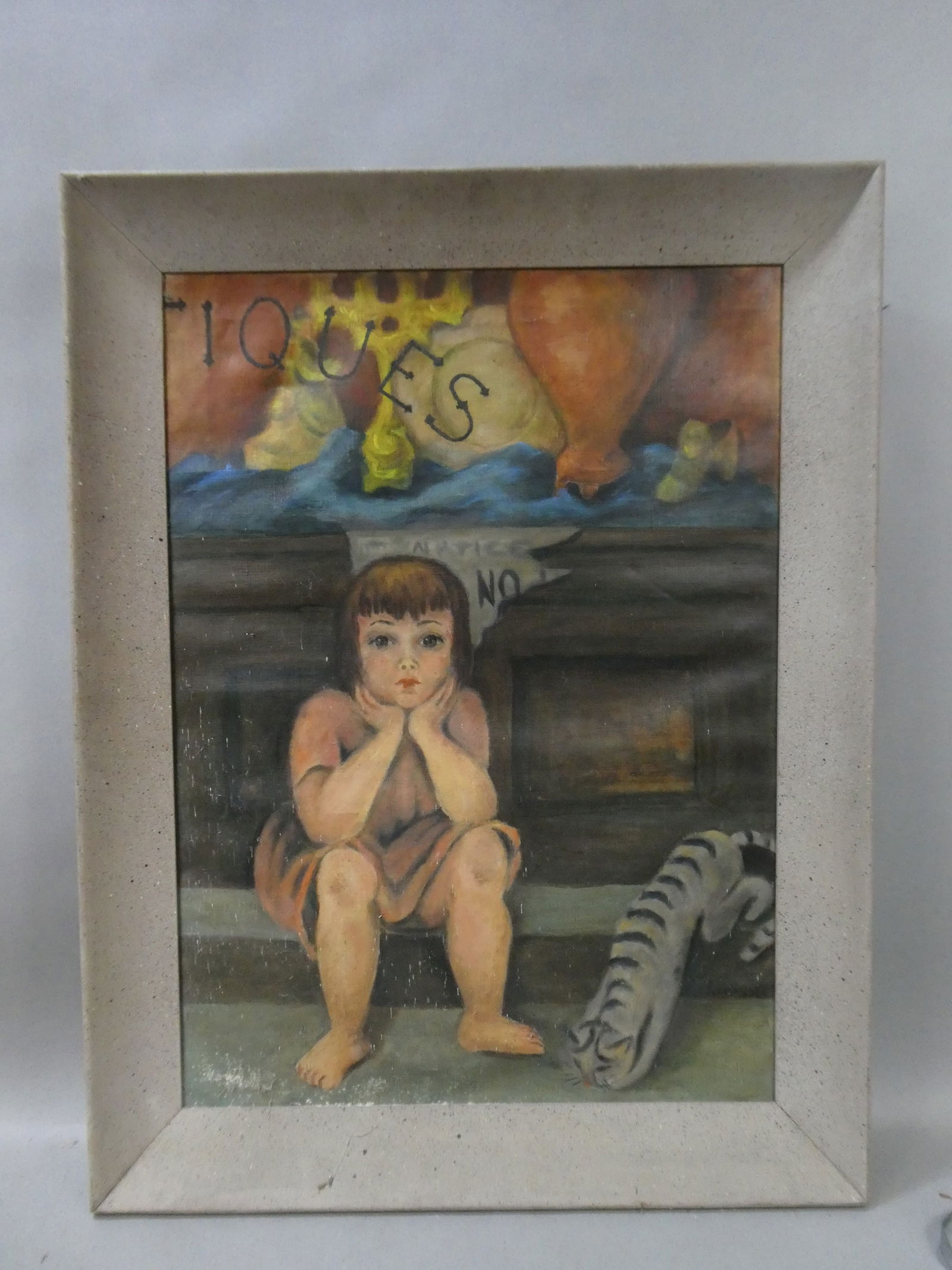 Vintage Large Unsigned Girl & Cat by Antique Store Oil Painting (1 of 14)