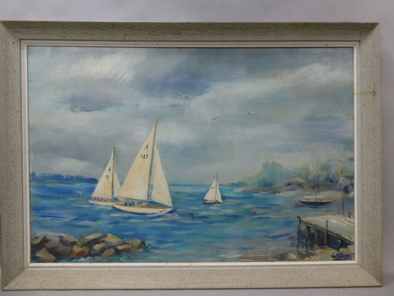 Vintage Signed DeForest Sailboat Race Large Oil Painting (1 of 15)