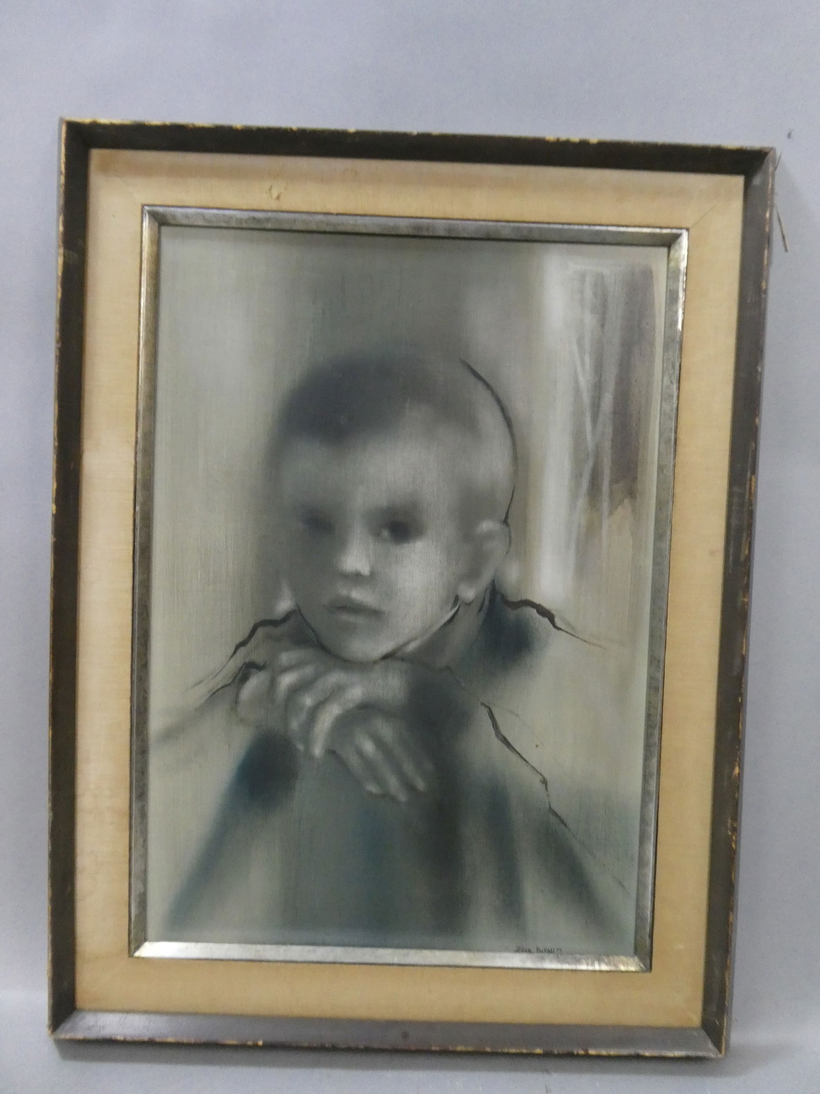 1964 Zora DuVall Oil Sketch of Boy Painting: 1964 Zora DuVall Oil Sketch of Boy Painting on board in frame. Listed Illinois artist born 1927. Measurements in inches: 23 1/2 x 30 1/2, image: 16 x 23 1/2 Condition:Frame has stains and browning Shi