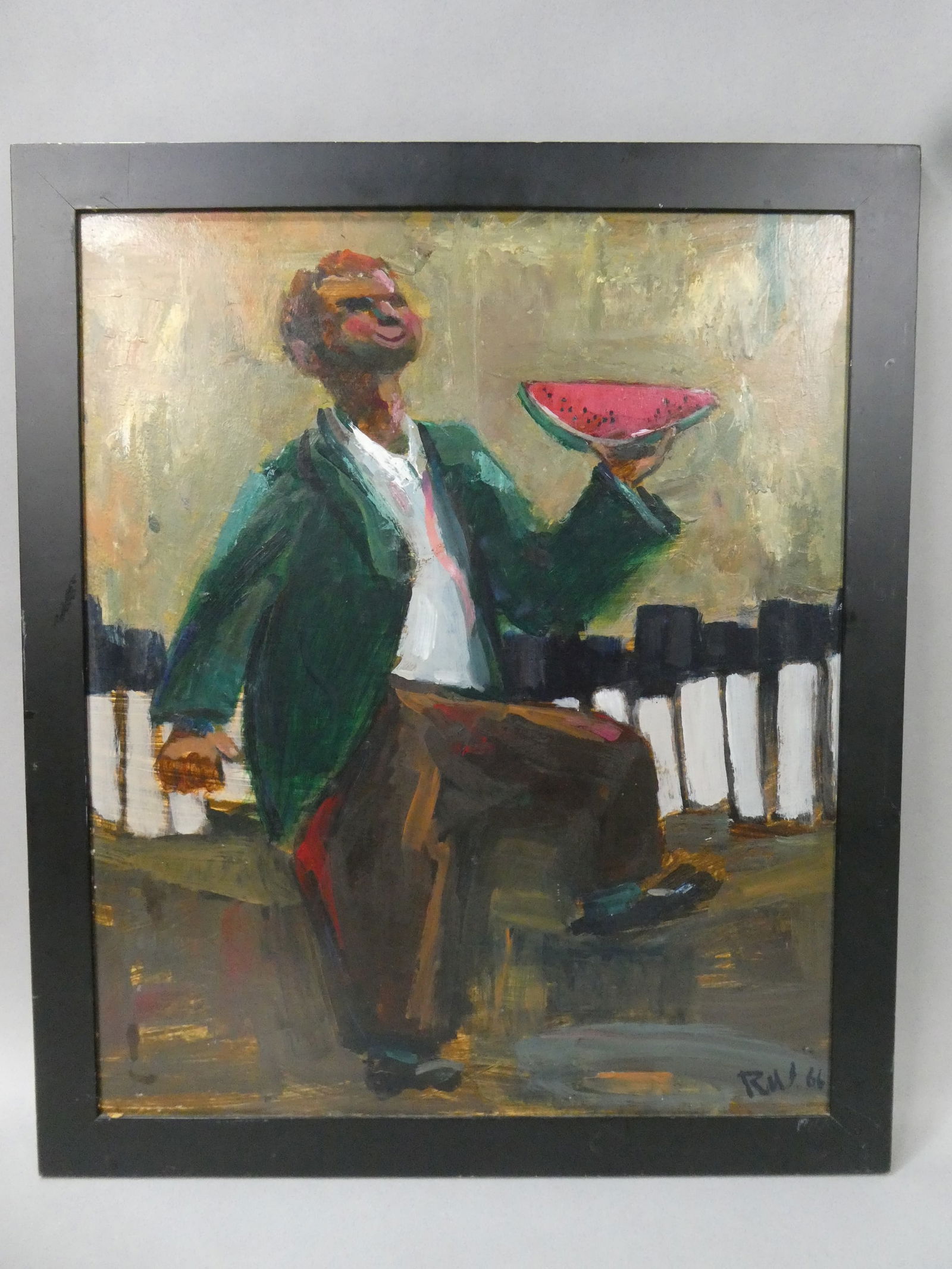 1966 Mid-Century Initialed RW Black Man w/ Watermelon Oil Painting (1 of 13)