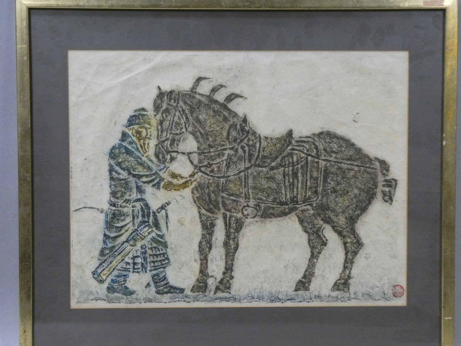 Vintage Chinese Stone Rubbing Chao-Ling & Horse: Vintage Chinese Stone Rubbing Chao-Ling & Horse. Framed under glass. Koltnow Gallery label on reverse as well as info about art. Measurements in inches: 25 x 21, image: 19 x 15 Condition:Some wear to 