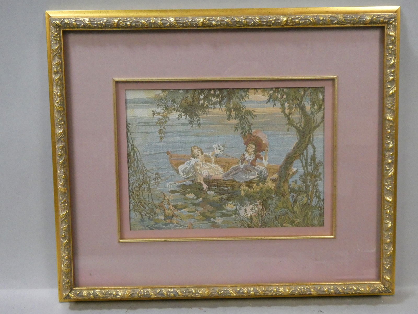 Vintage Small Framed Needlepoint Embroidery Pretty Girls in Rowboat (1 of 11)
