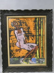 Mid-Century Black Woman Signed Print: Mid-Century Black Woman Signed Print, framed under glass. Illegible signature lower right. Measurements in inches: 30 x 36, image: 21 x 27 Condition:Frame shows wear and staining Shipping:We offer in-