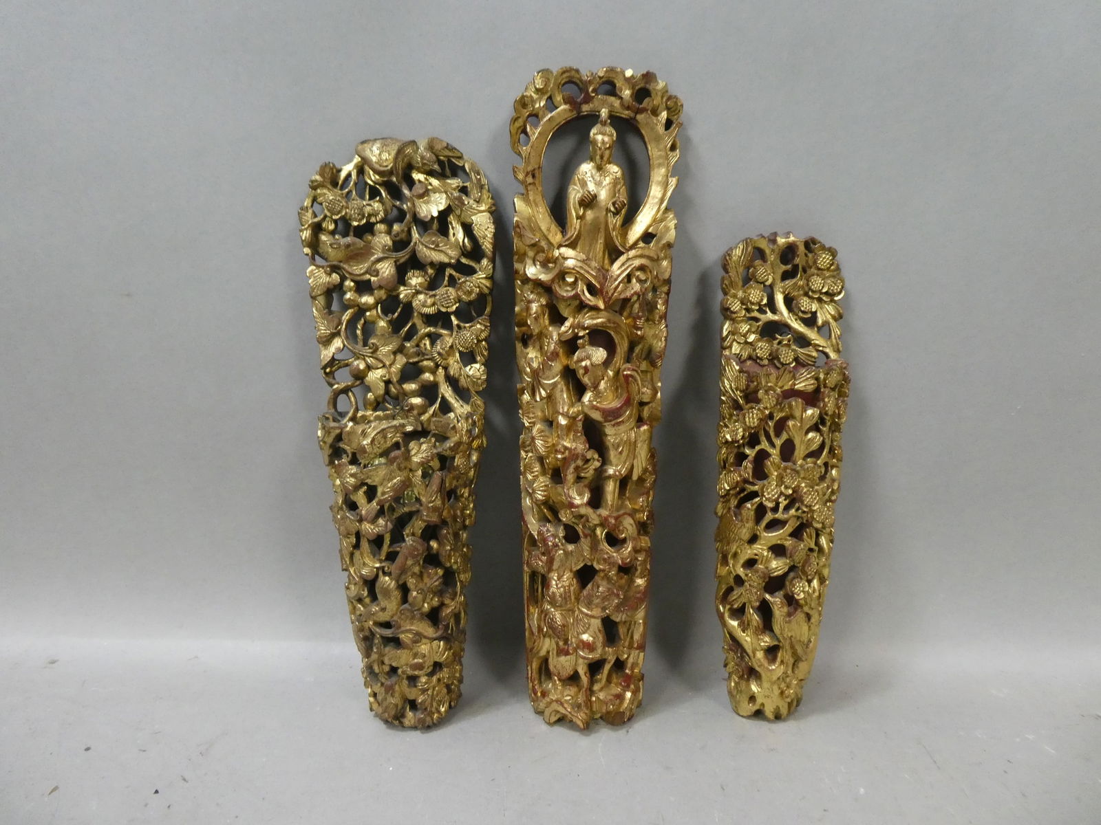 Lot 3 Vintage Carved Wood Chinese Gold Gilt Wall Flower Vase Pockets (1 of 8)