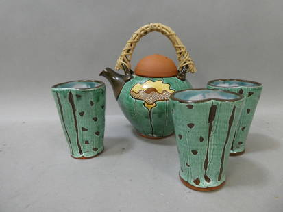 Clary Illian Art Pottery Glazed Terra Cotta Tea Pot & 3 Tumblers: Clary Illian Art Pottery Glazed Terra Cotta Tea Pot & 3 Tumblers Clary Illian is a functional potter who used to teach at the University of Iowa. She studied with Bernard Leach, the famous English pot