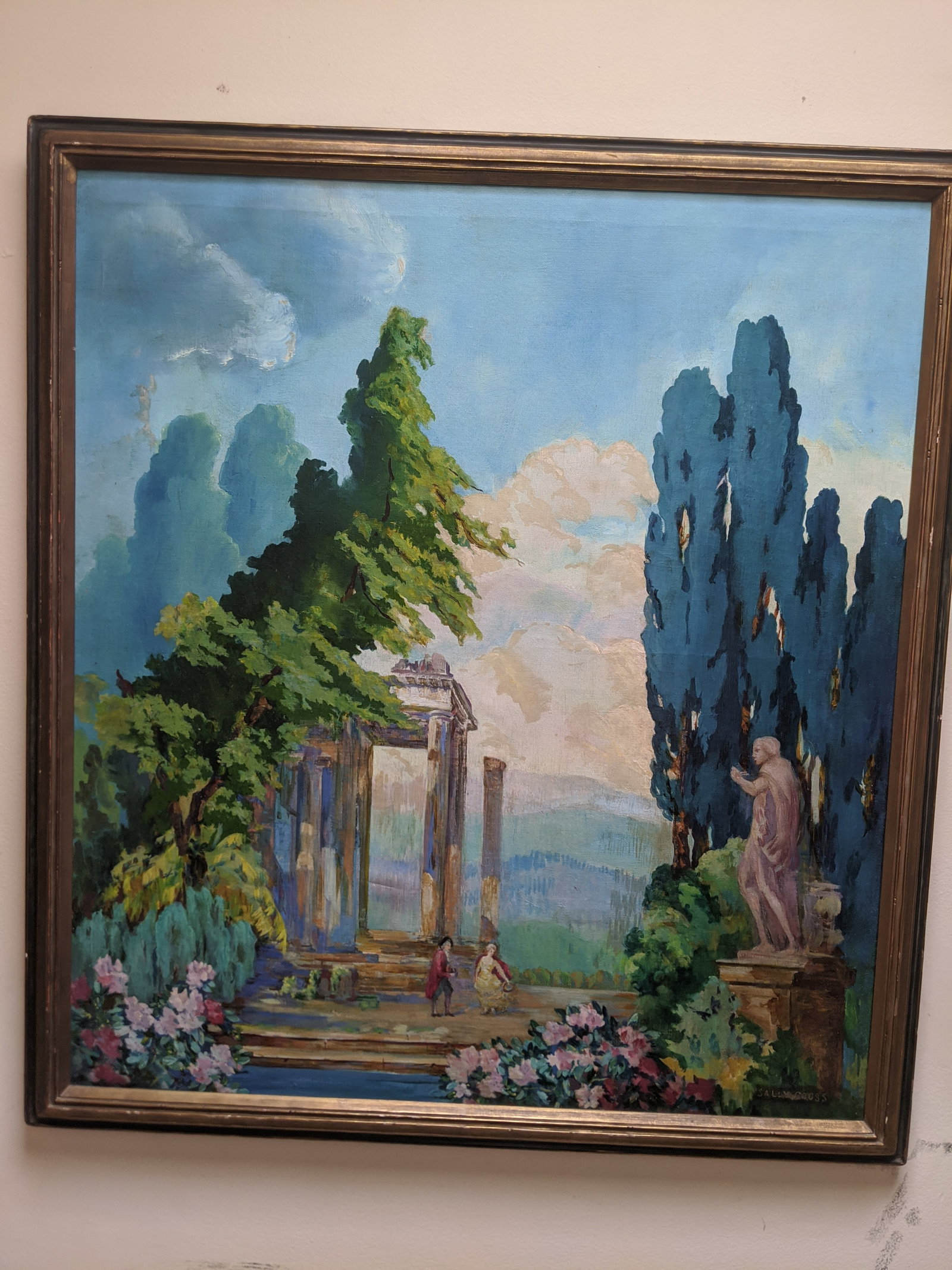 Sally Bill Cross Italian Scene Oil Painting: Sally Bill Cross Italian Scene Oil Painting on canvas in frame. Listed New York artist born 1969. Measurements in inches: 38 1/2 x 42 1/2, image: 34 x 38 Condition:Has stretcher marks and repaired tea
