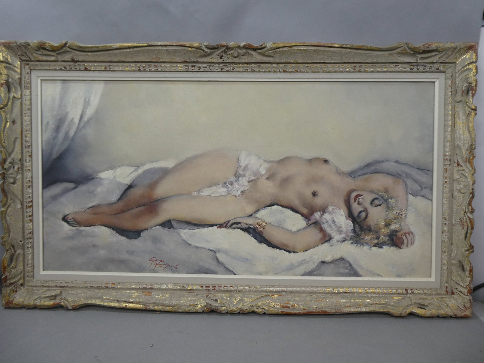 Cesar Vilot Large Pin-up Nude Woman Oil Painting: Cesar Vilot Large Pin-up Nude Woman Oil Painting on canvas in frame. Measurements in inches: 48 x 27, image: 40 x 20 Condition:Good with no problems Shipping:We offer in-house shipping. Item(s) will b