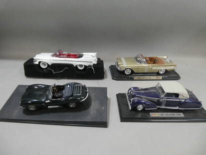 Lot 4 Model Cars 1947 Delahaye 135M 1960 Chrysler 300F 1961 Imperial Crown & Jaguar XK-SS: Lot 4 Model Cars 1947 Delahaye 135M 1960 Chrysler 300F 1961 Imperial Crown & Jaguar XK-SS. Condition:As found. Both Chryslers have broken side mirrors Shipping:We offer in-house shipping. Item(s) will