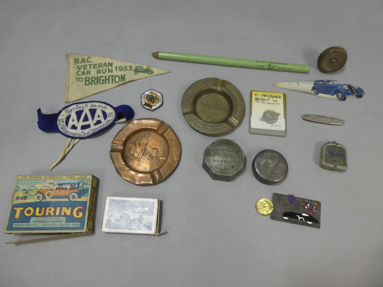 Lot Early Automobile Themed Items Ashtrays Playing Cards Banners Paperweights etc (1 of 10)