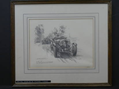 Michael Turner Le Man's 1930 Bentley Original Drawing: Michael Turner Le Man's 1930 Bentley Original Drawing frame under glass, Pencil signed with description lower left. Listed UK aviation and motoring artist born 1924. Measurements in inches: 19 1/2 x 1