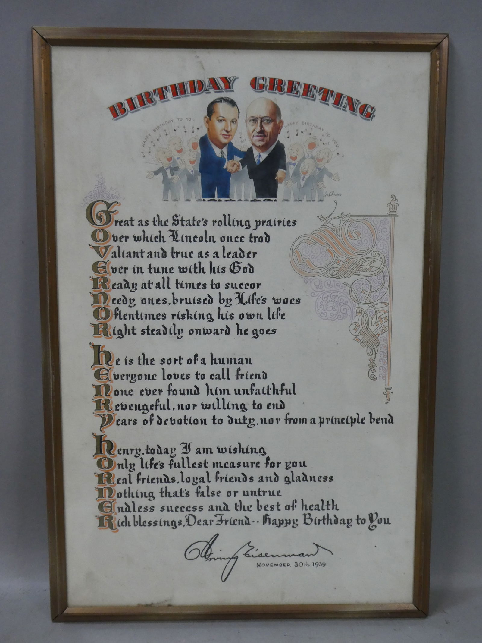 1930 Hand Painted Birthday Greeting to Illinois Governor Henry Horner (1 of 12)