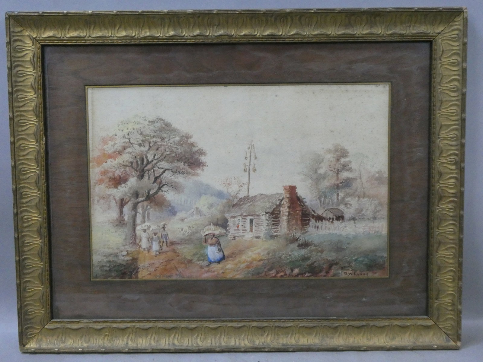 Antique Signed RW Evans The Head Peddlers Watercolor Painting: Antique Signed RW Evans The Head Peddlers Watercolor Painting framed under glass. Signed lower right and titled in pencil lower left. Measurements in inches: 27 1/2 x 21, image: 18 1/2 x 11 1/2 Condit