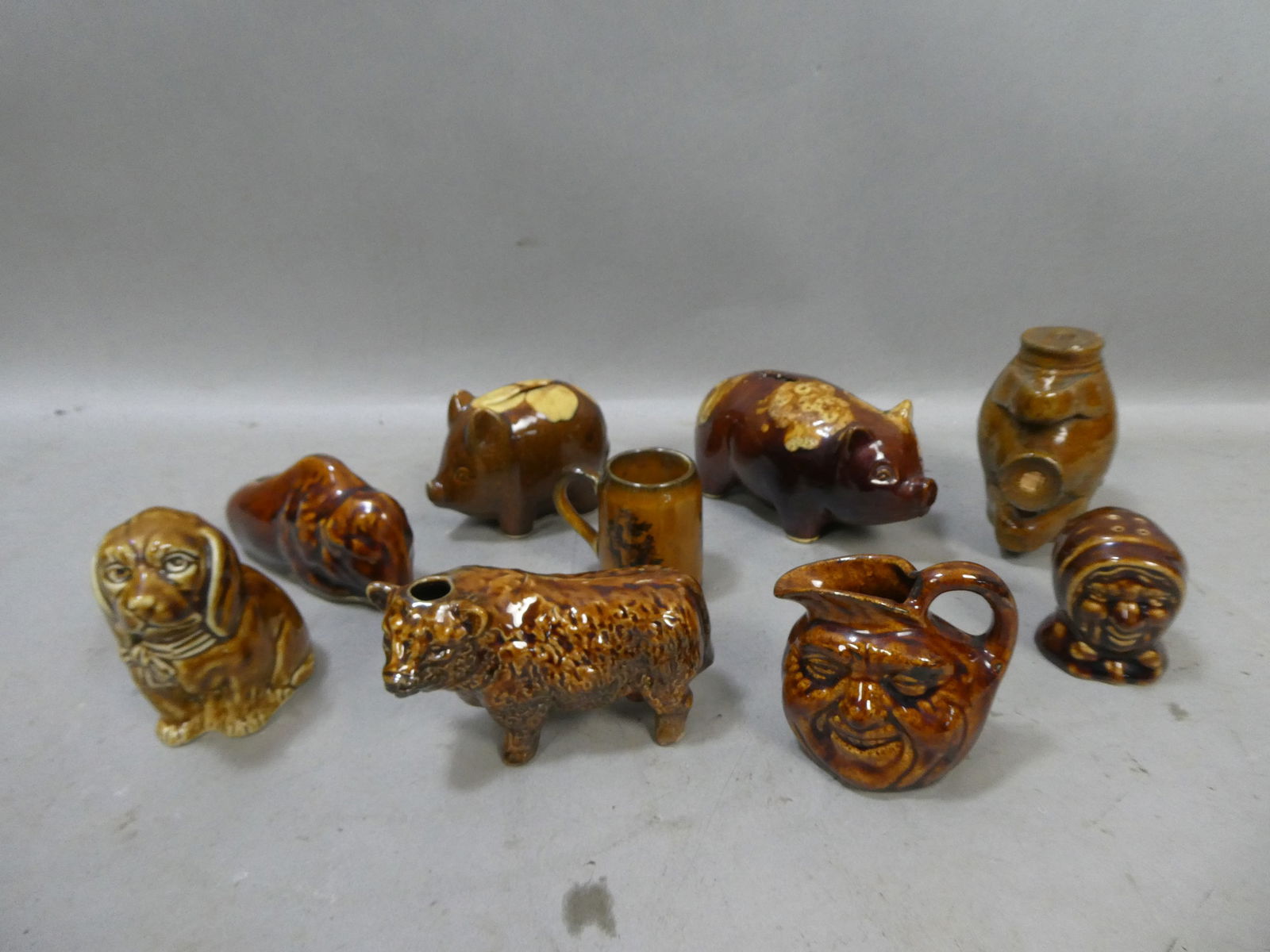 Lot 9 Antique Brown Glaze Pottery Still Banks Cups Figures etc (1 of 10)