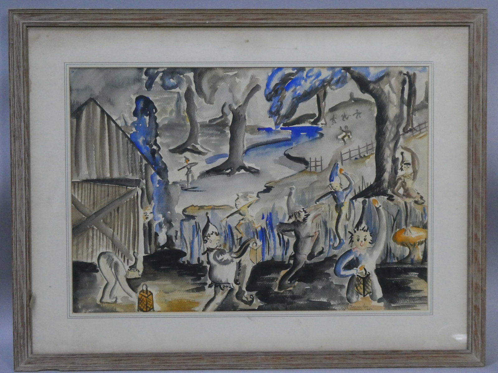 1843 Clarice Lee Signed Dancing Elves Mythical Watercolor Painting: 1843 Clarice Lee Signed Dancing Elves Mythical Watercolor Painting framed under glass. Signed and dated lower right. Measurements in inches: 28 1/2 x 21 1/2, image: 21 1/2 x 14 1/2 Condition:Good with