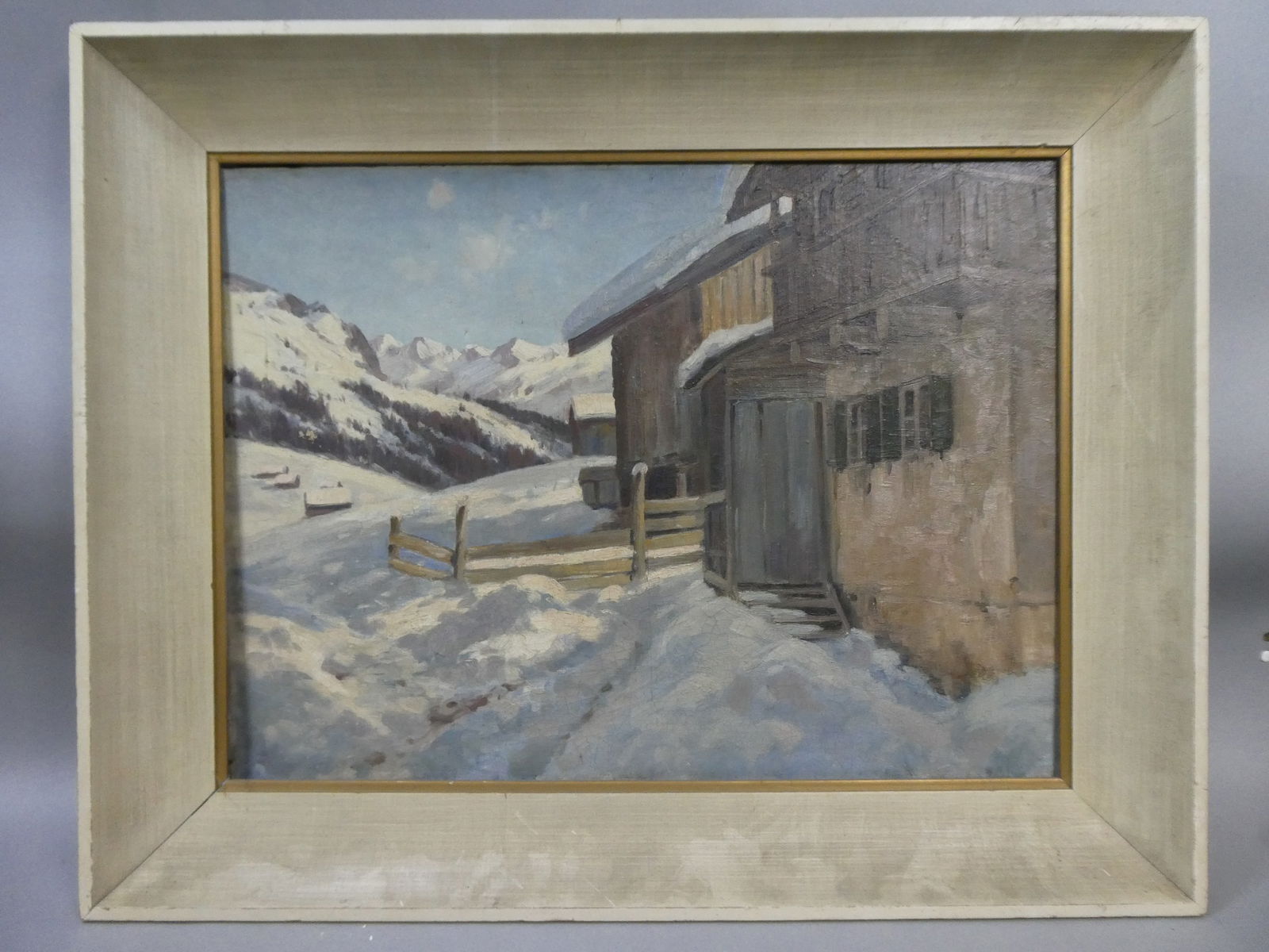 Vintage Unsigned Mountaintop Winter Cabin Oil Painting (1 of 14)