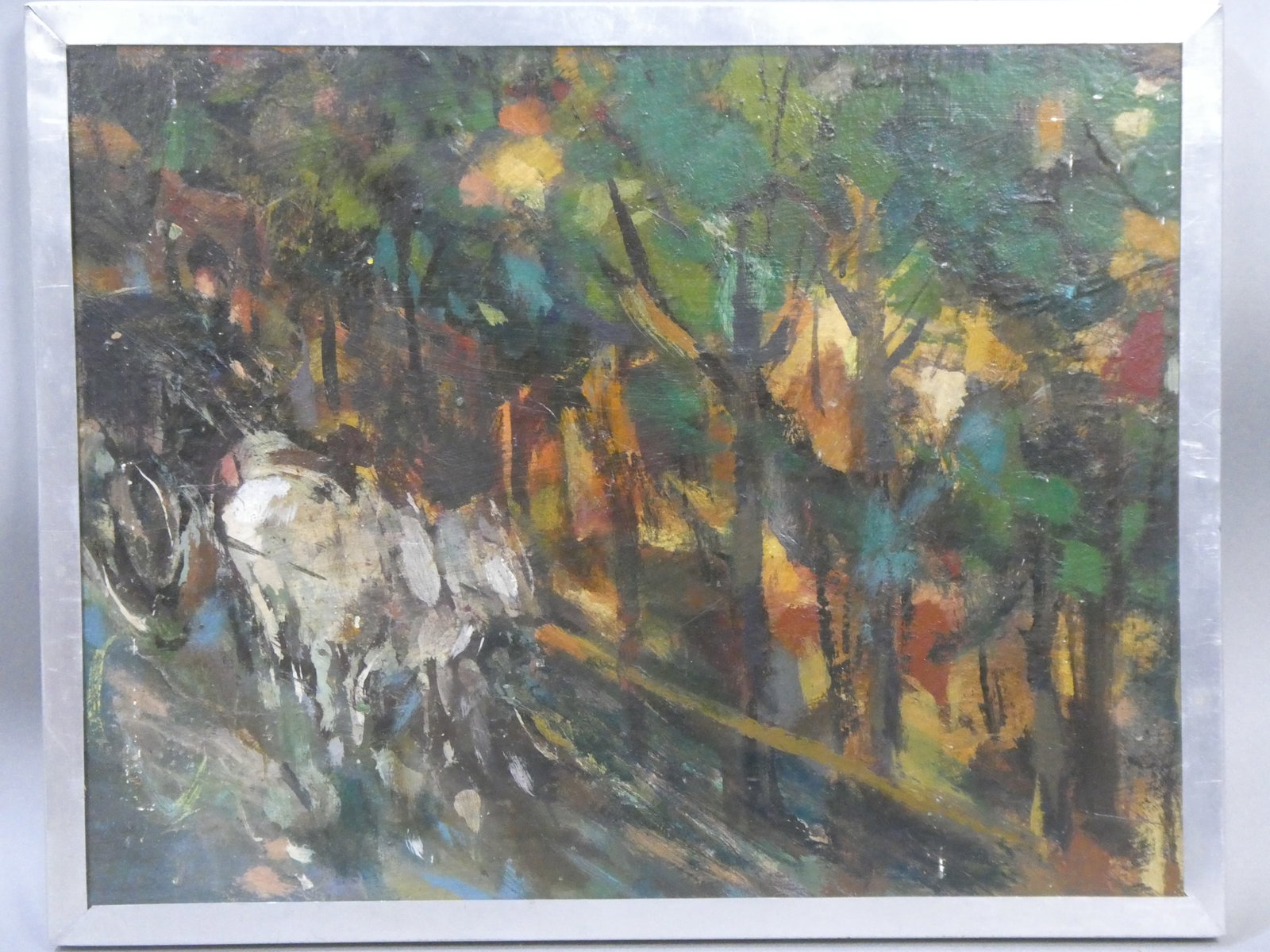 Mid-Century Unsigned Impressionist Horse & Carriage by Trees Oil Painting: Mid-Century Unsigned Impressionist Horse & Carriage by Trees Oil Painting on board in thin frame. Measurements in inches: 20 x 16 Condition:Needs a cleaning Shipping:We offer in-house shipping. Item(s