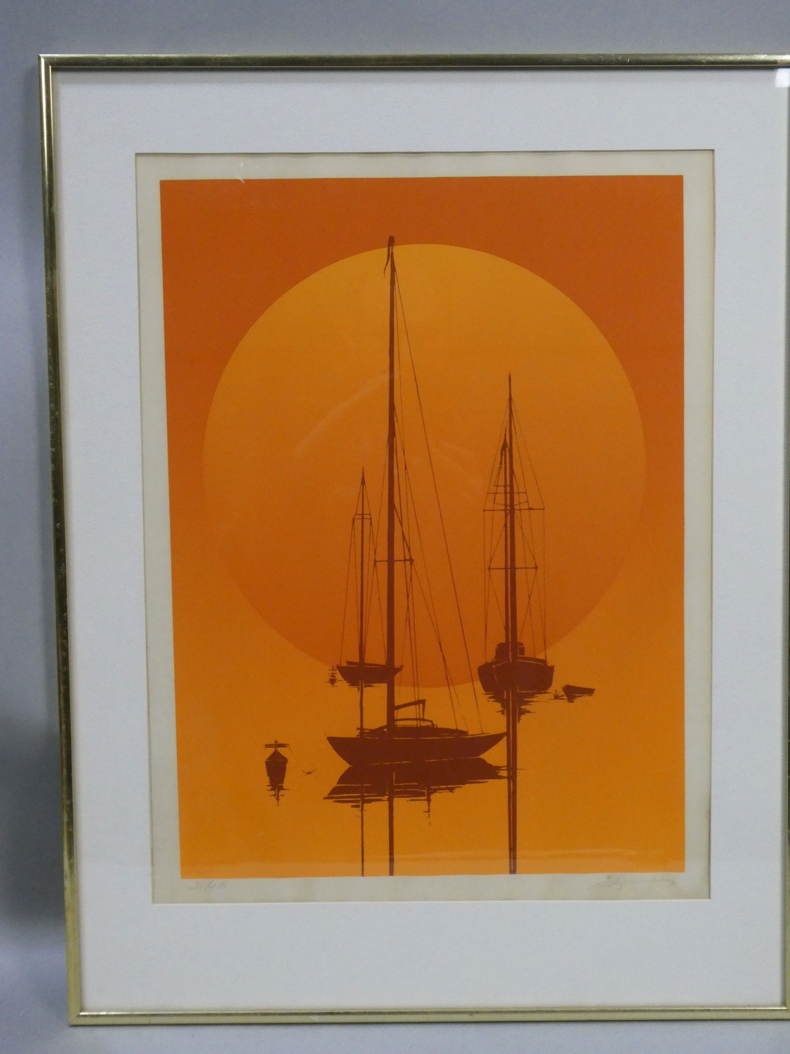 Mid-Century Pencil Signed Limited Edition Lithograph of Sailboats in Sun (1 of 15)