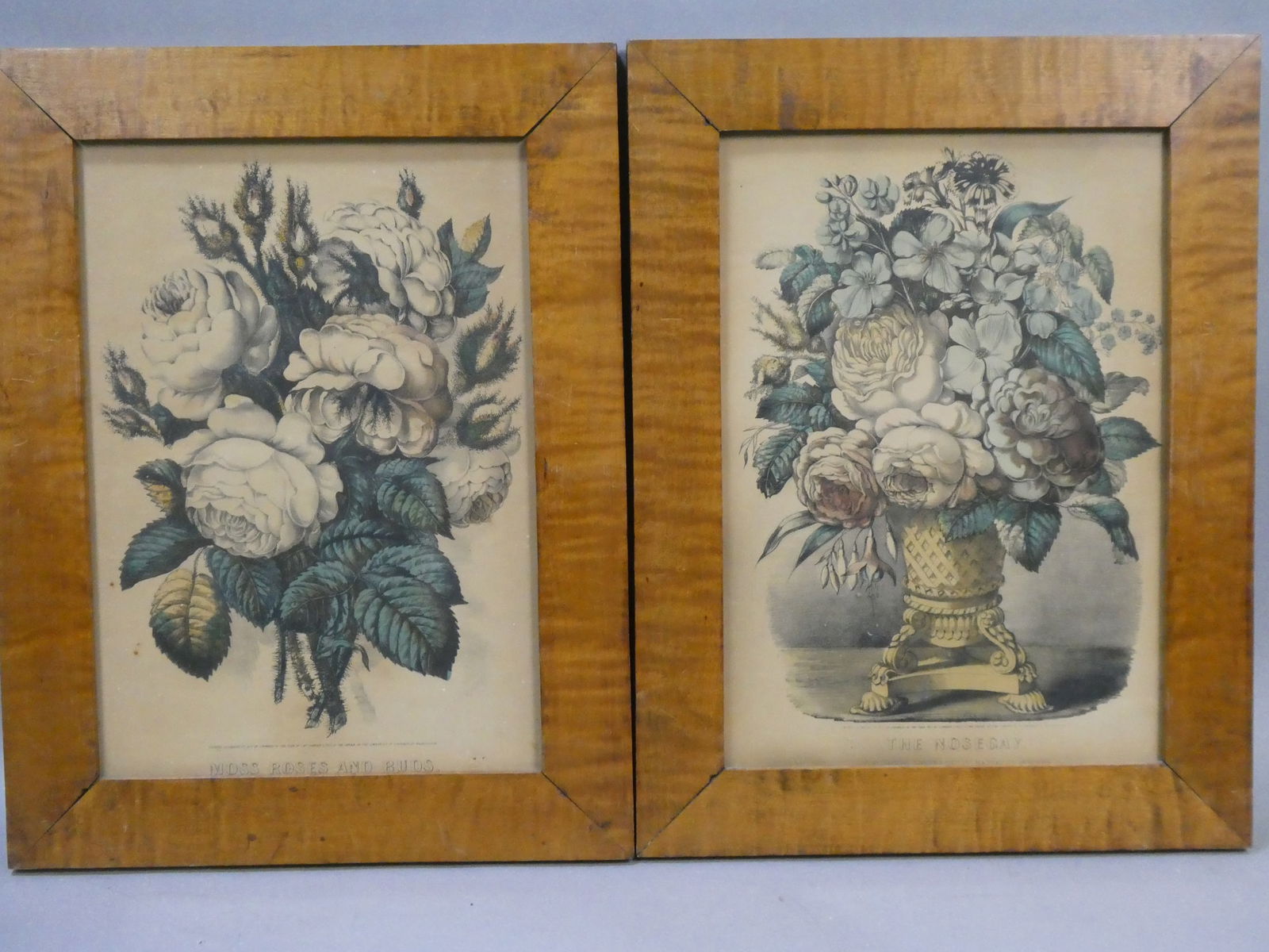 Pair Antique Currier & Ives Floral Prints in Tiger Maple Wood Frames (1 of 12)