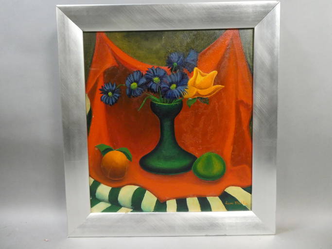 1950's Leon Arnold Muller Still Life Flowers & Fruit Oil Painting