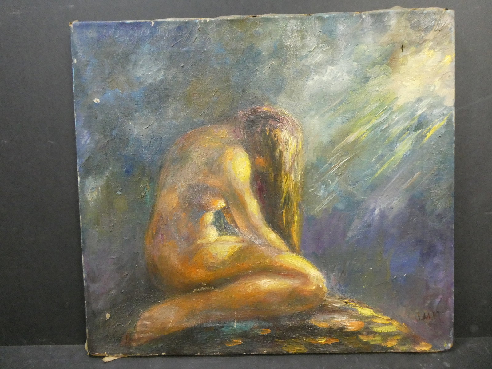 Antique Signed Joseph Fander Kneeling Nude Oil Painting: Antique Signed Joseph Fander Kneeling Nude Oil Painting on canvas, unframed. Initials lower right and marked Joseph Fander on stretcher. Measurements in inches: 20 x 18 Condition:Has some small holes 