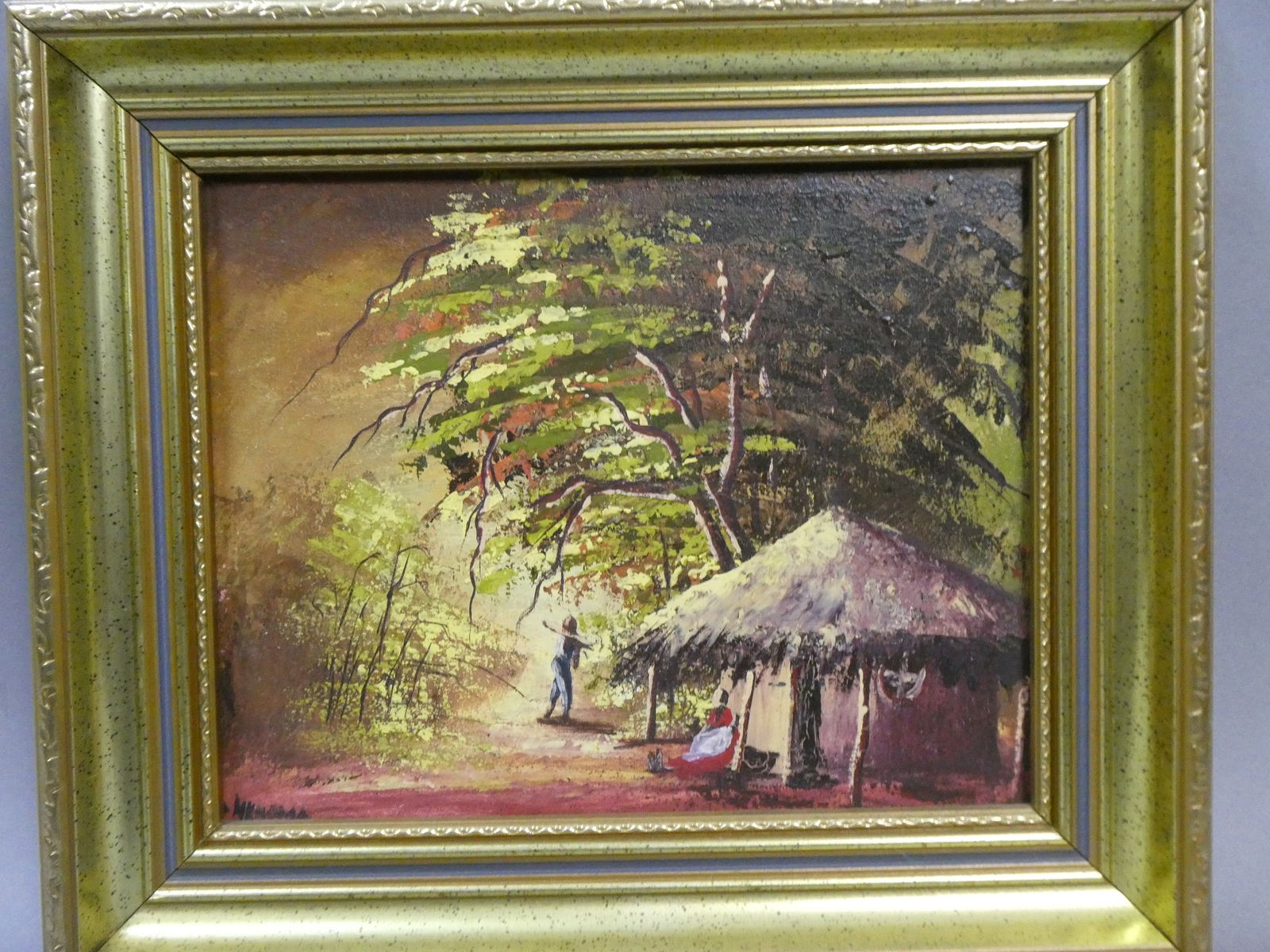 Vintage Signed South Africa Congo Hut Oil Painting (1 of 15)