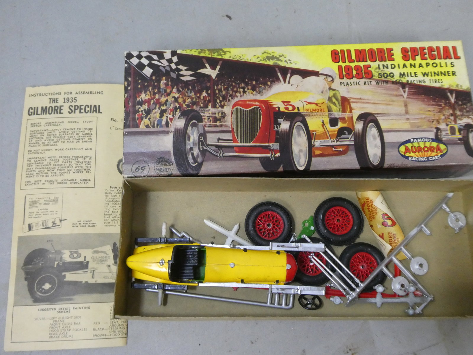 Aurora Gilmore Special 1935 Indianapolis 500 Mile Winner Model in Box: Aurora Gilmore Special 1935 Indianapolis 500 Mile Winner Model in Box. Condition:Partially built. Driver is missing, Box shows mild wear Shipping:We offer in-house shipping. Item(s) will be packed aft
