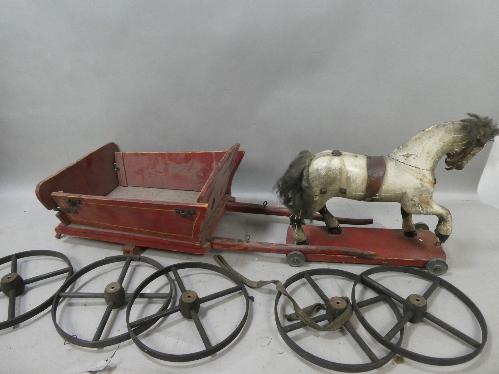 Antique Painted Wooden Horse Drawn Wagon Pull Toy (1 of 15)