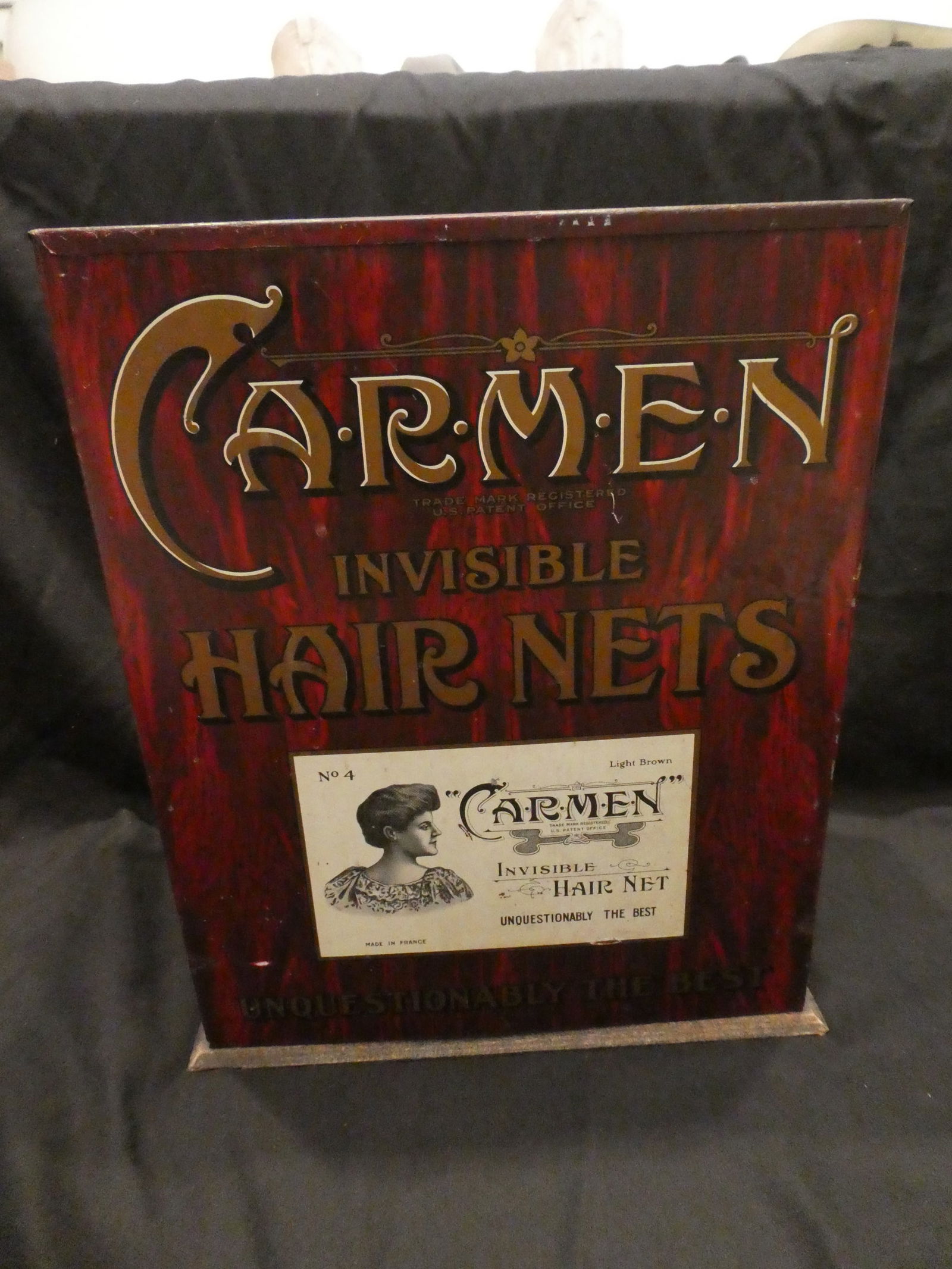 Antique Carmen Invisible Hair Nets Tin Litho Store Display Box (1 of 9)