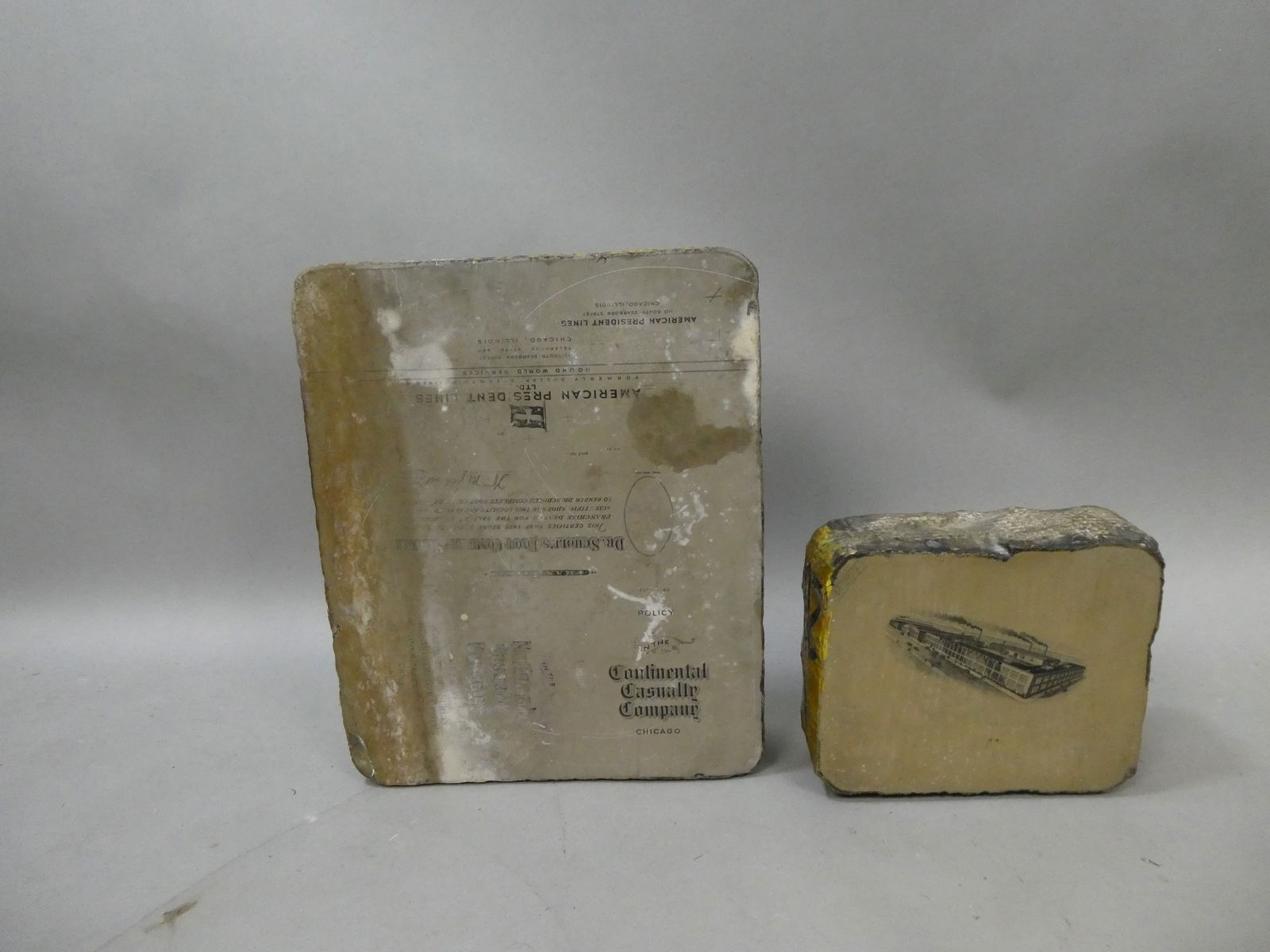 Pair Antique Stone Printer Blocks American President Lines Brooklyn Varnish etc (1 of 9)