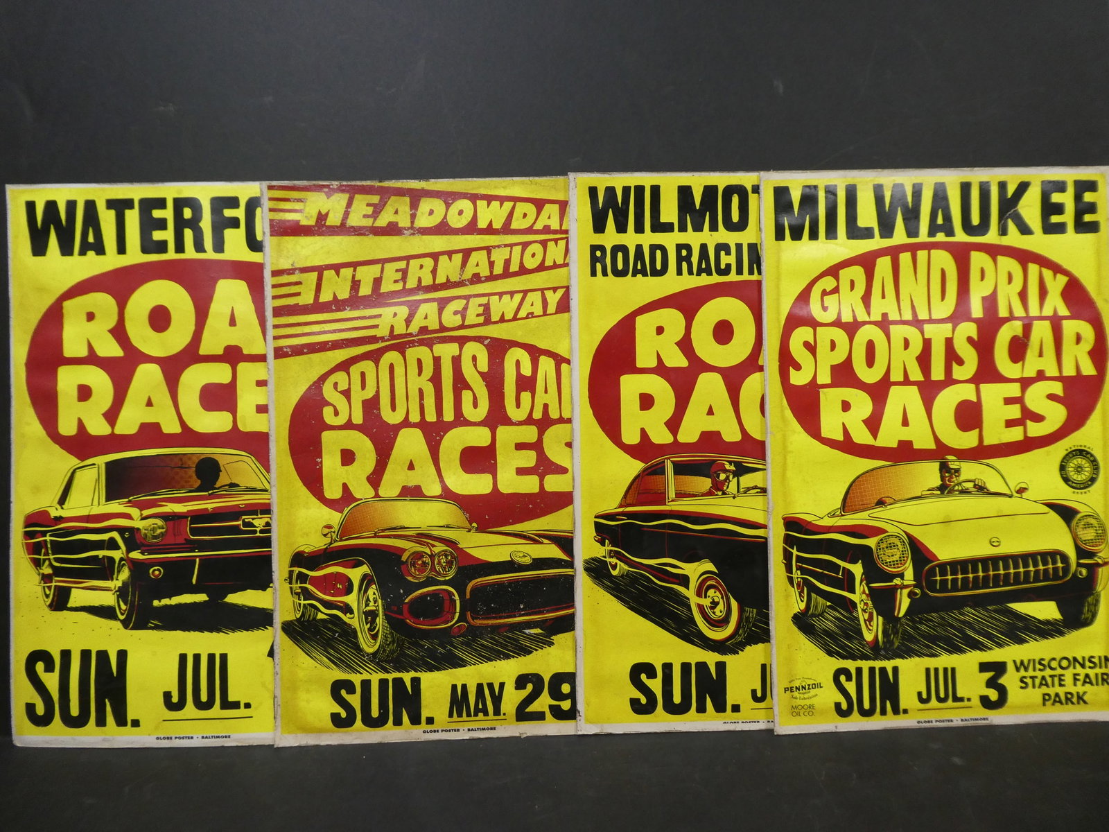 Lot 4 Vintage Globe Poster Grand Prix & Road Race Posters: Lot 4 Vintage Globe Poster Grand Prix & Road Race Posters. Measurements in inches: 11 x 17 Condition:Has wear and staining. Looks like water damage at some point Shipping:We offer in-house shipping. I