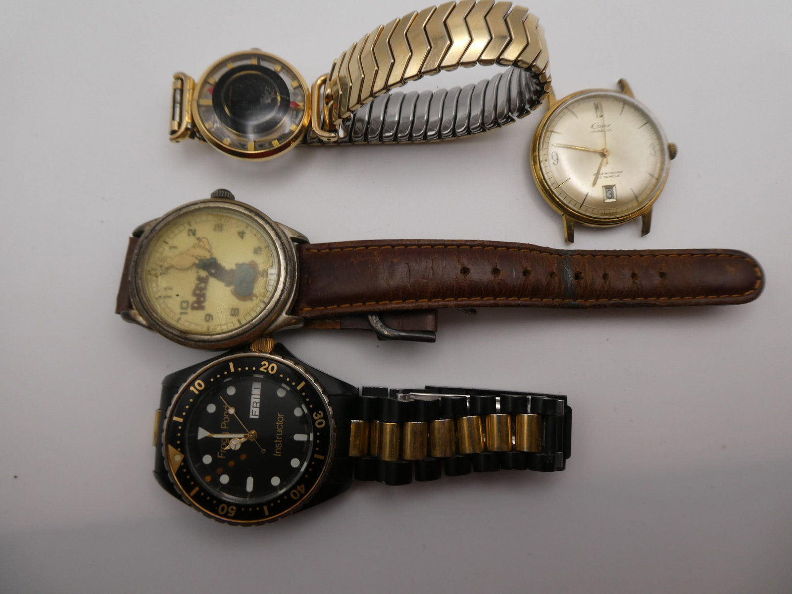 Lot of 4 Watches Popeye Frog Pond Juveria & Eppo: Lot of 4 Watches Popeye Frog Pond Juveria & Eppo. Condition:As found Sold as is Shipping:We offer in-house shipping. Item(s) will be packed after invoice is paid and shipping charge will be invoiced s