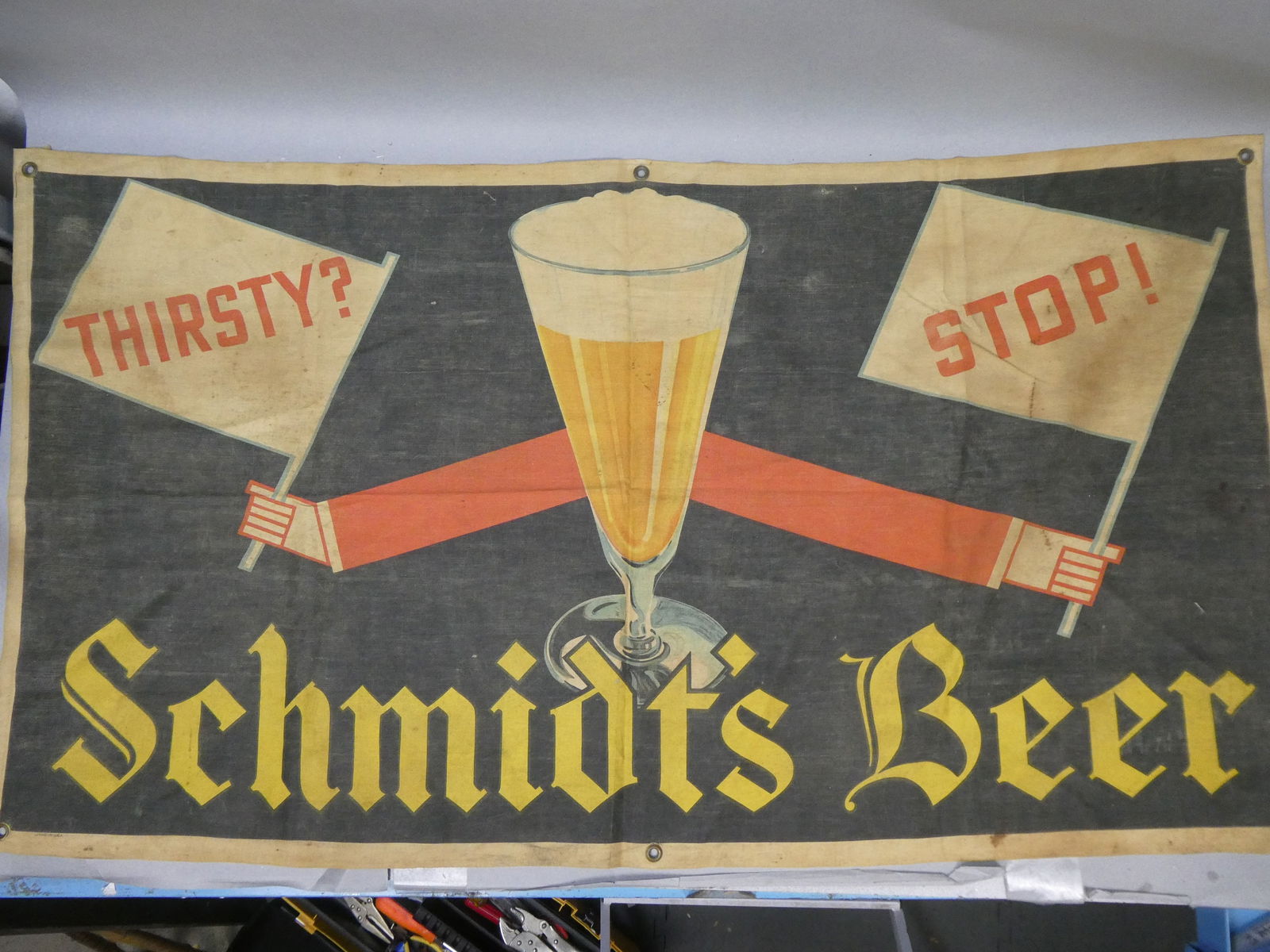 Antique Schmidt's Beer Nylon Litho Hanging Wall Advertising Banner (1 of 8)