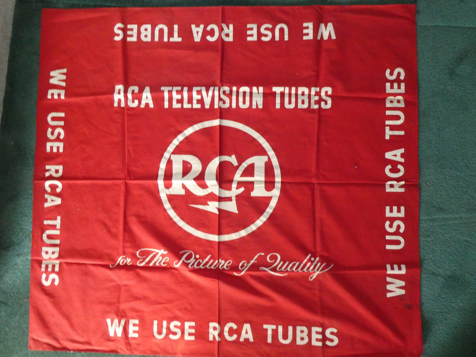Antique RCA Radio Tubes Cloth Advertising Tablecloth Banner Sign: Antique RCA Radio Tubes Cloth Advertising Tablecloth Banner Sign. Measurements in inches: 46 square Condition:Has some stains Shipping:We offer in-house shipping. Item(s) will be packed after invoice