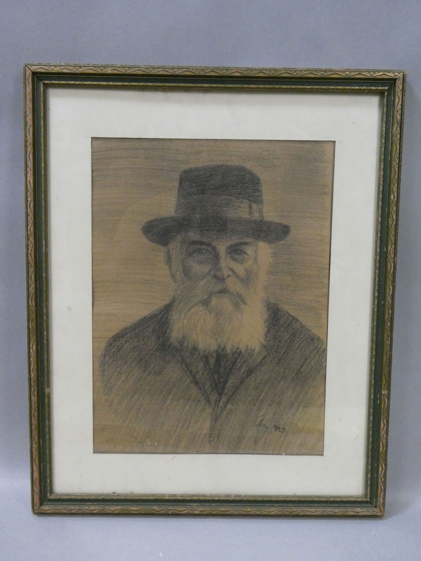 1935 Signed Drawing Old Bearded Man in Hat (1 of 9)