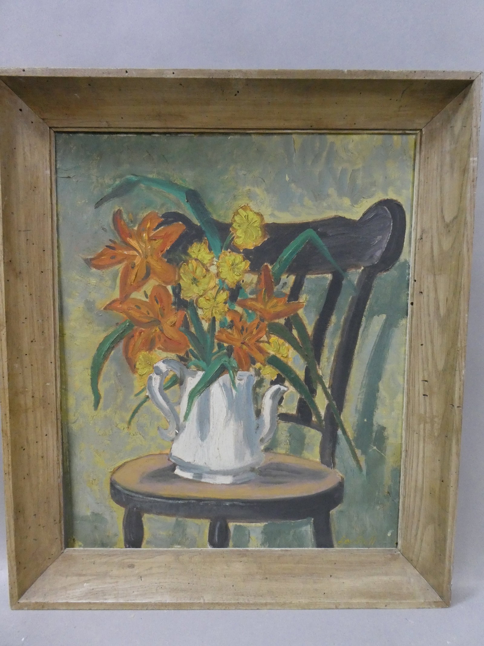 Mid-Century Lee Stoll Still-life Floral Case on Chair Oil Painting: Mid-Century Lee Stoll Still-life Floral Case on Chair Oil Painting on board in frame. Signed lower right. Measurements in inches: 24 1/2 x 28 1/2, image: 19 1/2 x 24 Condition:Little loose in frame Sh