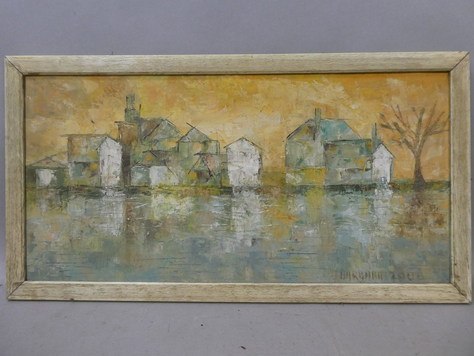 Mid-Century Signed Barbara Zoub Impressionist Houses by Lake Oil Painting: Mid-Century Signed Barbara Zoub Impressionist Houses by Lake Oil Painting on board in frame. Signed lower right. Measurements in inches: 25 1/2 x 13 1/2, image: 24 x 12 Condition:Needs a cleaning, fra