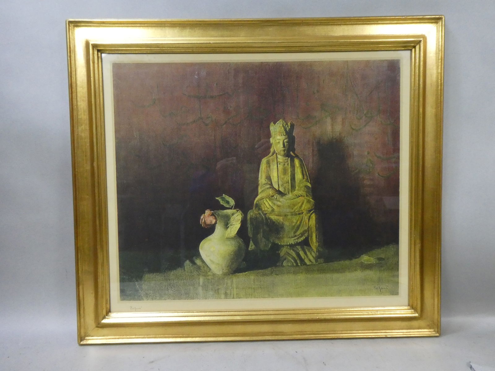 Pencil Signed Hovsep Pushman Vintage Buddha & Vase Lithograph: Pencil Signed Hovsep Pushman Vintage Buddha & Vase Lithograph framed under glass. Has printers mark and pencil signed lower left. Measurements in inches: 29 1/2 x 26, image: 23 x 19 Condition:Has toni