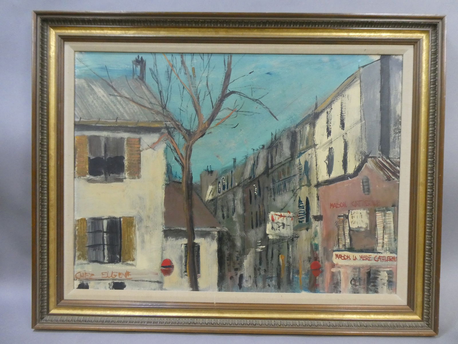 Signed Mid-Century Impressionist Paris Street Chez Eugene Oil Painting (1 of 14)
