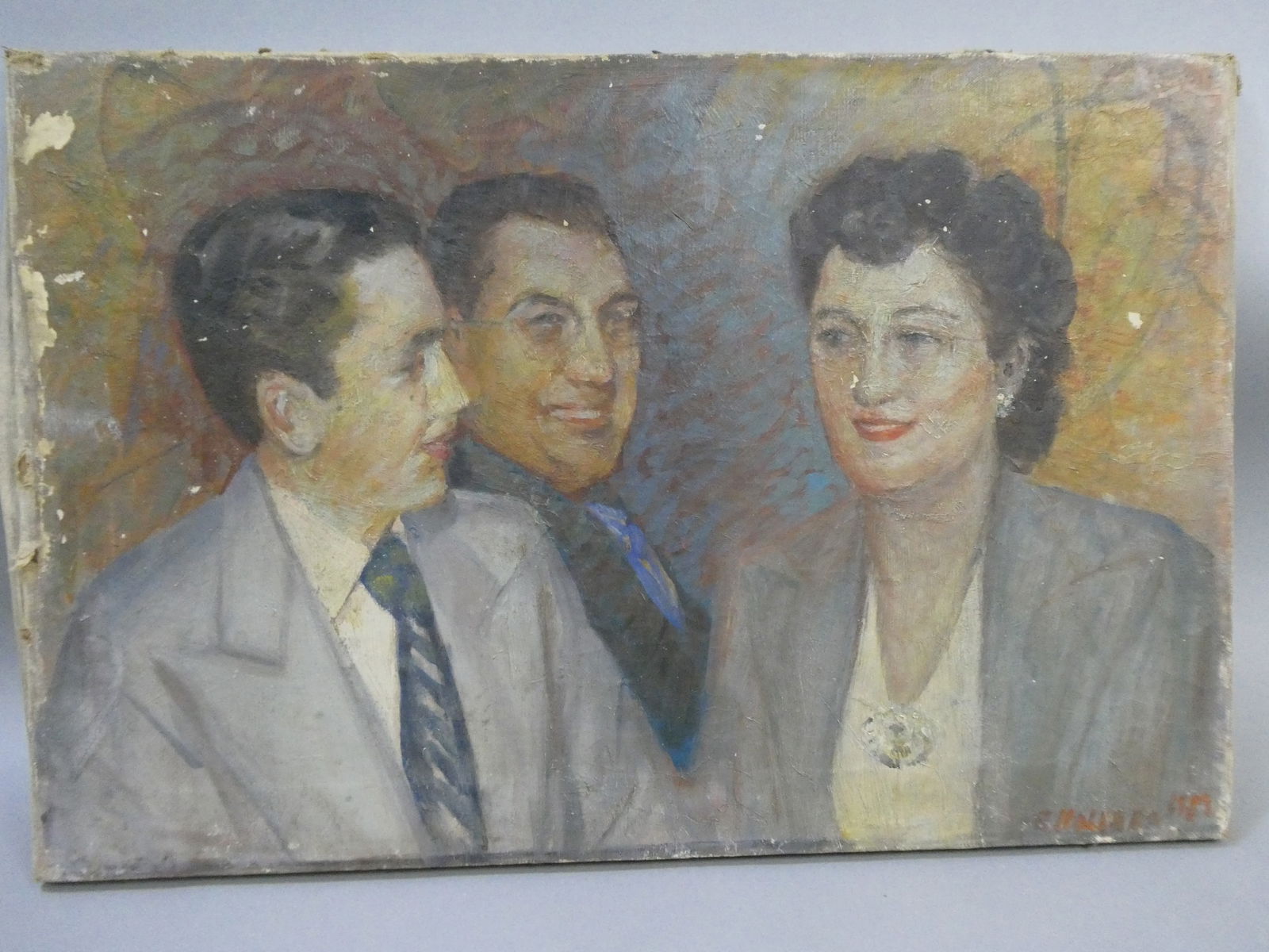 Vintage Signed E Holland Richard Dailey Wife & Son Oil Painting: Vintage Signed E Holland Richard Dailey Wife & Son Oil Painting on canvas. Signed and dated lower right. Not framed. Measurements in inches: 24 x 16 Condition:As found has soiling, paint loss and chip