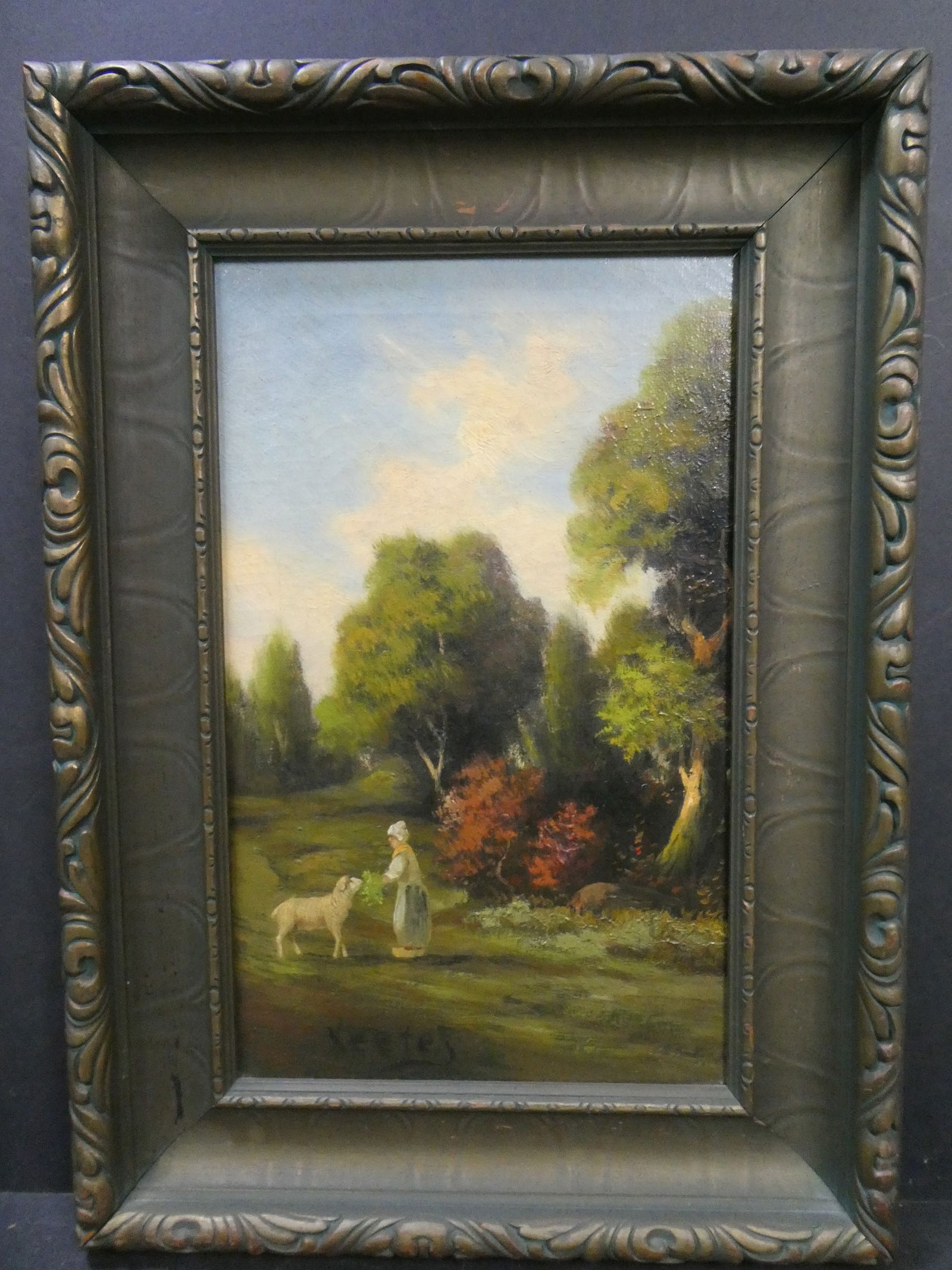 Antique Signed Xeetes Woman Feeding Lamb Oil Painting (1 of 14)