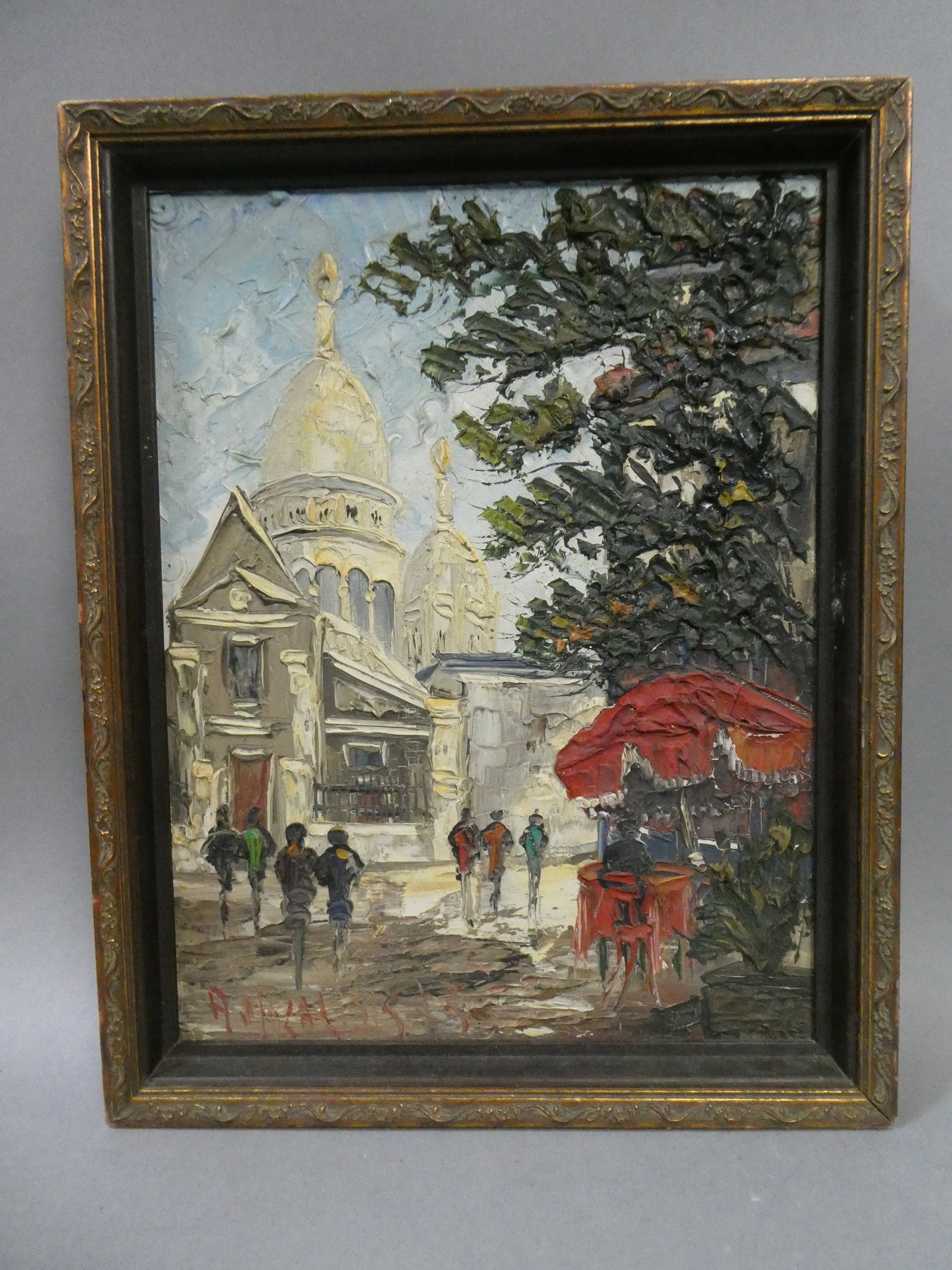 Vintage Signed Monemartre Paris France Impressionist Oil Painting: Vintage Signed Monemartre Paris France Impressionist Oil Painting on canvas in frame. Illegible signature lower left. Measurements in inches: 15 1/2 s 12 x 2 Condition:Good with no problems Shipping:W
