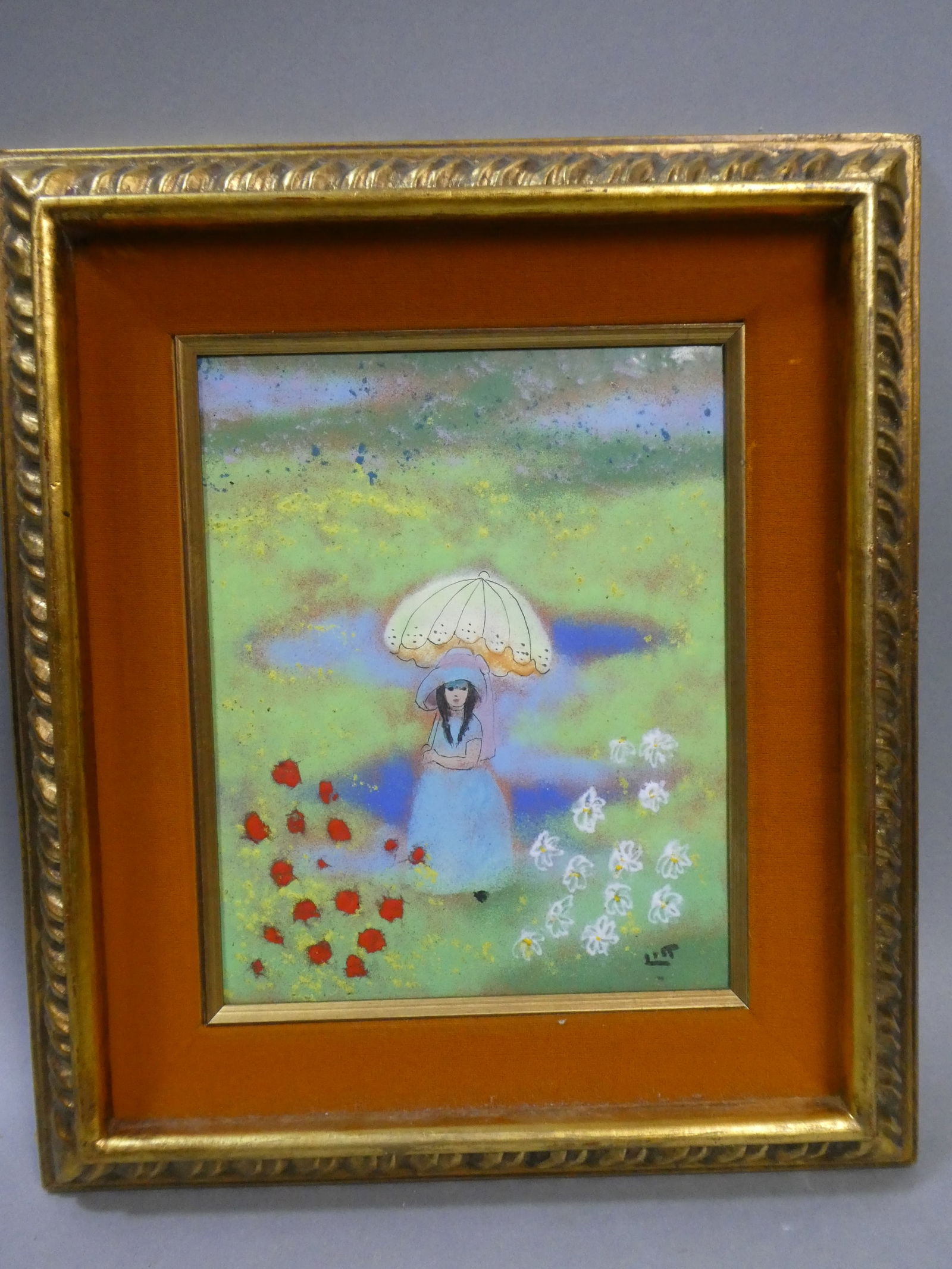 Signed Liit? Enamel on Copper Girl w/ Umbrella in Field Painting (1 of 13)